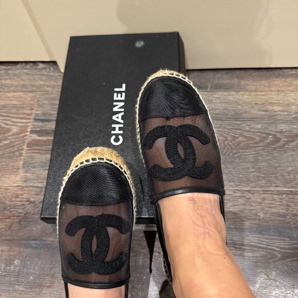 CHANEL Black Mesh Espadrille Flats